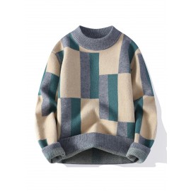 Men'S Geometric Checkered Crew Neck Sweater - Soft Warm Textured Pullover, /Brown Pattern, Cozy Fall Winter Sweater for Street Style & Layered Outfits, Casual Daily Wear, Versatile for Semi-Formal Events, Order Two Sizes for Best Fit (Regular Fit)