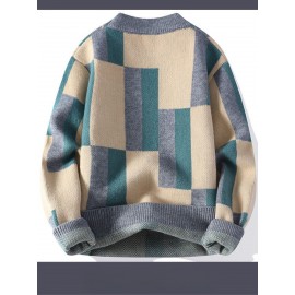 Men'S Geometric Checkered Crew Neck Sweater - Soft Warm Textured Pullover, /Brown Pattern, Cozy Fall Winter Sweater for Street Style & Layered Outfits, Casual Daily Wear, Versatile for Semi-Formal Events, Order Two Sizes for Best Fit (Regular Fit)