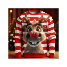 Men'S & Women'S Ugly Christmas Sweater - Reindeer & Snowflake Print Thermal Winter Pullover, Soft Ribbed Crewneck Sweatshirt with Red & Green Stripes, Plus Size