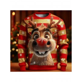 Men'S & Women'S Ugly Christmas Sweater - Reindeer & Snowflake Print Thermal Winter Pullover, Soft Ribbed Crewneck Sweatshirt with Red & Green Stripes, Plus Size