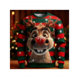 Men'S & Women'S Ugly Christmas Sweater - Reindeer & Snowflake Print Thermal Winter Pullover, Soft Ribbed Crewneck Sweatshirt with Red & Green Stripes, Plus Size