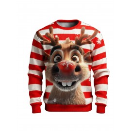 Men'S & Women'S Ugly Christmas Sweater - Reindeer & Snowflake Print Thermal Winter Pullover, Soft Ribbed Crewneck Sweatshirt with Red & Green Stripes, Plus Size