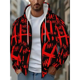 Men's Oversized Streetwear Jacket with Full-Body & Lettering Print - Lightweight Zip-Up Hooded Baseball Coat, Long Sleeve Casual Winter Outerwear for Big & Tall, Urban Fashion Essential, Christmas Gift, PLUS SIZE