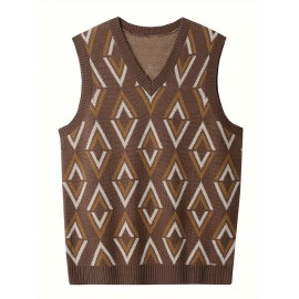 Men's Soft Beige/Brown/Argyle Sweater Vest - Slim Fit V-Neck Pullover, Knit Office & Formal Attire, Autumn/Winter Layering Piece for Business Casual or Casual Attire, Sophisticated Weave, Ribbed Texture, PLUS SIZE