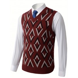 Men's Soft Beige/Brown/Argyle Sweater Vest - Slim Fit V-Neck Pullover, Knit Office & Formal Attire, Autumn/Winter Layering Piece for Business Casual or Casual Attire, Sophisticated Weave, Ribbed Texture, PLUS SIZE