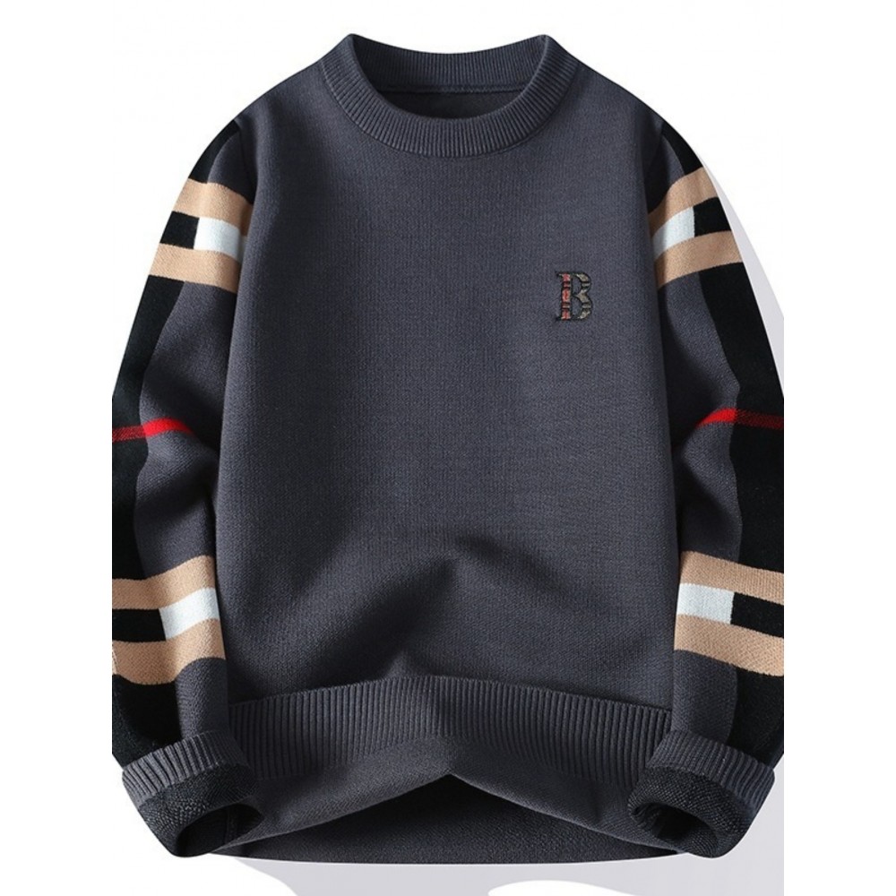 Large Size Men's Plaid & Letter Embellished Sweater - Slim-Fit Thermal Winter Sweaters with Contrast Color Block (Multi-Color Options), Machine Washable Casual Blazer for Cold Weather - Cozy Office to Party Wear for Big & Tall Men, PLUS SIZE