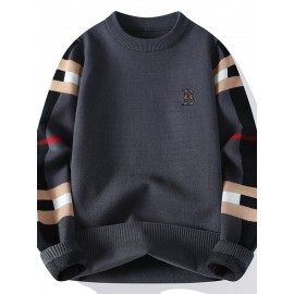 Large Size Men's Plaid & Letter Embellished Sweater - Slim-Fit Thermal Winter Sweaters with Contrast Color Block (Multi-Color Options), Machine Washable Casual Blazer for Cold Weather - Cozy Office to Party Wear for Big & Tall Men, PLUS SIZE