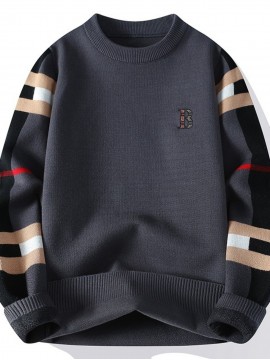 Large Size Men's Plaid & Letter Embellished Sweater - Slim-Fit Thermal Winter Sweaters with Contrast Color Block (Multi-Color Options), Machine Washable Casual Blazer for Cold Weather - Cozy Office to Party Wear for Big & Tall Men, PLUS SIZE