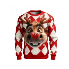 Men'S & Women'S Ugly Christmas Sweater - Reindeer Face & Snowflake Design, Soft Thermal Winter Pullover, Red & Holiday Sweater for Christmas Party Outfits, Plus Size