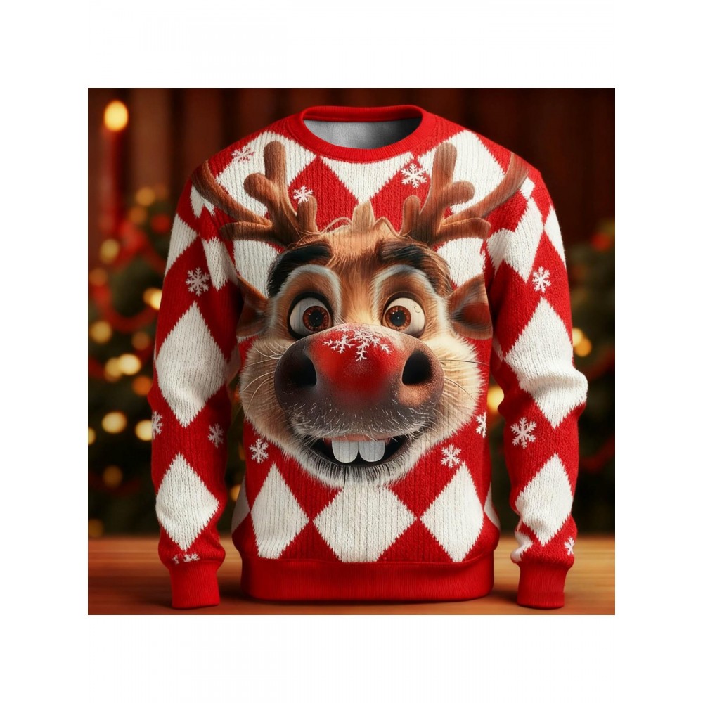 Men'S & Women'S Ugly Christmas Sweater - Reindeer Face & Snowflake Design, Soft Thermal Winter Pullover, Red & Holiday Sweater for Christmas Party Outfits, Plus Size