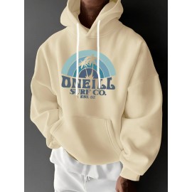 Men'S Oversized Fleece-Lined Hooded Sweatshirt with Surf & Beach Graphic Print - 100% Micro-Elastic Knit, Kangaroo Pocket, Surfing Surf Co. Design, Surfing-Themed Casual Pullover for Surfing, Beachwear & Everyday Comfort (Large Size) - Ideal Gift fo