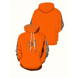 Men'S Plus Size Stretch Polyester Blend Hoodie - 3D Deer Pattern Bright Orange, Kangaroo Pocket Long Sleeve Pullover Suitable for Autumn and Winter, Machine Washable Casual Sportswear, Bold Animal Print, Comfortable Fit, Plus Size