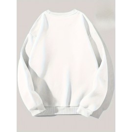 Men'S Loose Fit Sweatshirt - White Pullover with Minimalist Graphic, Soft Polyester Long Sleeve Shirt for Everyday & Formal Wear, Machine Washable Winter Sweater for Men, Sweater, Casual Wear, Korean Fashion, Durable Construction, Printed Top, Streetwear Lovers, PLUS SIZE