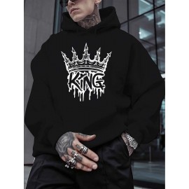 Men'S King Crown Print Hooded Sweatshirt - Royal & Golden Lettering, Winter Knit Fabric with Slight Stretch, Regular Fit Long Sleeve Pullover, Casual American Style Statement Piece for Everyday & Formal Wear - Ideal Gift for Men (KING Lettering Desi