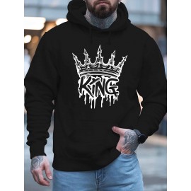 Men'S King Crown Print Hooded Sweatshirt - Royal & Golden Lettering, Winter Knit Fabric with Slight Stretch, Regular Fit Long Sleeve Pullover, Casual American Style Statement Piece for Everyday & Formal Wear - Ideal Gift for Men (KING Lettering Desi