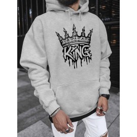 Men'S King Crown Print Hooded Sweatshirt - Royal & Golden Lettering, Winter Knit Fabric with Slight Stretch, Regular Fit Long Sleeve Pullover, Casual American Style Statement Piece for Everyday & Formal Wear - Ideal Gift for Men (KING Lettering Desi