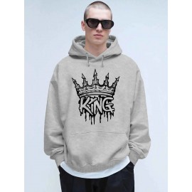 Men'S King Crown Print Hooded Sweatshirt - Royal & Golden Lettering, Winter Knit Fabric with Slight Stretch, Regular Fit Long Sleeve Pullover, Casual American Style Statement Piece for Everyday & Formal Wear - Ideal Gift for Men (KING Lettering Desi