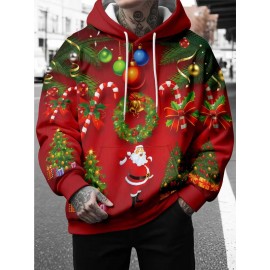 Mens Plus Size Relaxed Hooded 3D Print Sweatshirt | Santa Reindeer Snow Design, Trendy Street Fashion, Bright Colors, Perfect for Autumn Winter