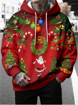 Mens Plus Size Relaxed Hooded 3D Print Sweatshirt | Santa Reindeer Snow Design, Trendy Street Fashion, Bright Colors, Perfect for Autumn Winter