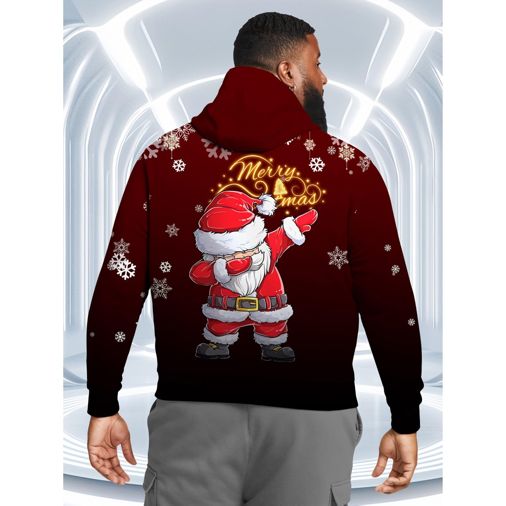 Men's Plus Size 3D Santa Claus & Snowflake Print Hooded Sweater - Oversized Red & Golden Christmas Pullover with 'Merry Christmas' Text, Loose Fit Long Sleeve Hoodie, Machine Washable Funny Ugly Christmas Party Outfit for Holiday Gatherings, PLUS SIZE