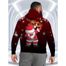 Men's Plus Size 3D Santa Claus & Snowflake Print Hooded Sweater - Oversized Red & Golden Christmas Pullover with 'Merry Christmas' Text, Loose Fit Long Sleeve Hoodie, Machine Washable Funny Ugly Christmas Party Outfit for Holiday Gatherings, PLUS SIZE