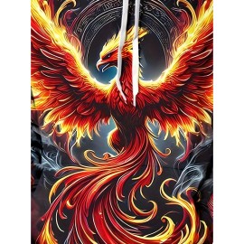 Men'S Plus Size 3D Flame Phoenix Hoodie - Vibrant Red & Orange Graphic, Long Sleeve Pullover with Drawstring Hood & Pockets, Polyester, Casual Sporty Style for Fall & Winter, Autumn Fashion Top, Bold Pattern Hoodie, Medium Stretch Fabric
