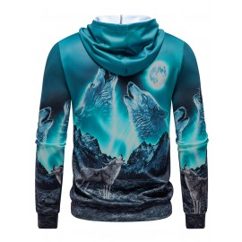 Men'S Moonlit Wolf Howl 3D Print Hooded Zip-Up Sweatshirt - Deep Blue Wolf Pack & Snow Mountain Night Sky Design, Loose Fit Casual Outdoor Winter Wear, Full-Zip Hoodie for Camping & Hiking, Durable 3D Print Graphic Apparel, Plus Size