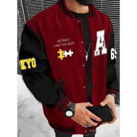 Men's Large Size Baseball Jacket A-69 Letter Print (A for Alpha, 69 for Number 6 & 9) - Plus Size Outerwear with Snap Closure & Pockets, Machine-Washable Polyester Spring/Fall Winter Casual Wear - Christmas Gift for Big & Tall Men, PLUS SIZE