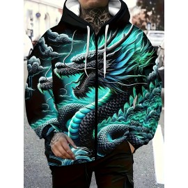 Men's Japanese Dragon Print Hooded Zip-Up Jacket - Turquoise Blue & Black 3D Scale Design, Full-Zip Korean/Kazoku Style Coat, Anime/Manga Inspired Casual Wear, Breathable & Machine Washable, Plus Size Relaxed Fit for Gym, Running, Spring/Fall Outdoor - Japanese Dragon Motif with Full-Length Zipper Closure, No Lining, Standout Statement Piece for Men's Fashion (Casual & Statement Outfit), PLUS SIZE