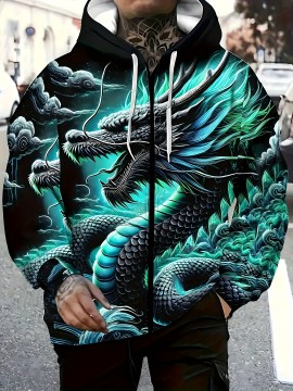 Men's Japanese Dragon Print Hooded Zip-Up Jacket - Turquoise Blue & Black 3D Scale Design, Full-Zip Korean/Kazoku Style Coat, Anime/Manga Inspired Casual Wear, Breathable & Machine Washable, Plus Size Relaxed Fit for Gym, Running, Spring/Fall Outdoor - Japanese Dragon Motif with Full-Length Zipper Closure, No Lining, Standout Statement Piece for Men's Fashion (Casual & Statement Outfit), PLUS SIZE