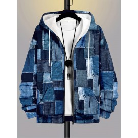 Plus Size Men's Full-Zip Hooded Cardigan Jacket - 3D Denim Patchwork Print (Blue/Denim) | Stretch Fabric | Casual Streetwear Coat with Zippered Hood & Pocket | Machine Washable Oversized Fit | Denim-Like Texture Outerwear, PLUS SIZE