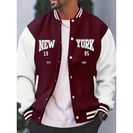Men's Large Size Vintage New York Lettering & Numbered Baseball Jacket - Two-Tone Button College Style Snapback Coat, Retro Streetwear Outerwear with Pockets (Machine Washable, Spring/Fall Casual Wear) - Christmas Gift for NY Fans, PLUS SIZE