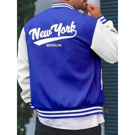 Men's Large Size Vintage New York Lettering & Numbered Baseball Jacket - Two-Tone Button College Style Snapback Coat, Retro Streetwear Outerwear with Pockets (Machine Washable, Spring/Fall Casual Wear) - Christmas Gift for NY Fans, PLUS SIZE