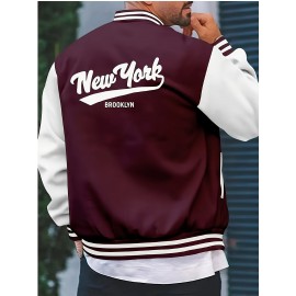 Men's Large Size Vintage New York Lettering & Numbered Baseball Jacket - Two-Tone Button College Style Snapback Coat, Retro Streetwear Outerwear with Pockets (Machine Washable, Spring/Fall Casual Wear) - Christmas Gift for NY Fans, PLUS SIZE