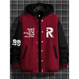 Men's Large Size Baseball Jacket with Letter 'M' Print (for Miami/other letters) - Buttonless Snap Closure, Machine-Washable Polyester Coat, Pockets - Casual Winter Outerwear for Big & Tall, Christmas Gift (No hat Included), PLUS SIZE