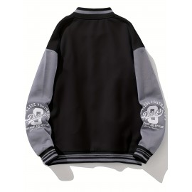 Men'S Large Size Casual Baseball Jacket with Letter Print & Team Spirit Design - Warm Outerwear, Snap Closure & Functional Pockets, Spring/Fall Outdoor Sports Apparel, Christmas Gift for Men (No Hat Included) - Trendy Casual Style for Casual Attire