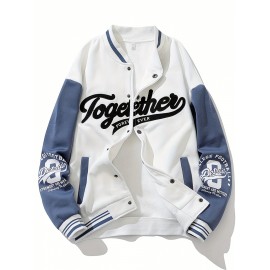 Men'S Large Size Casual Baseball Jacket with Letter Print & Team Spirit Design - Warm Outerwear, Snap Closure & Functional Pockets, Spring/Fall Outdoor Sports Apparel, Christmas Gift for Men (No Hat Included) - Trendy Casual Style for Casual Attire
