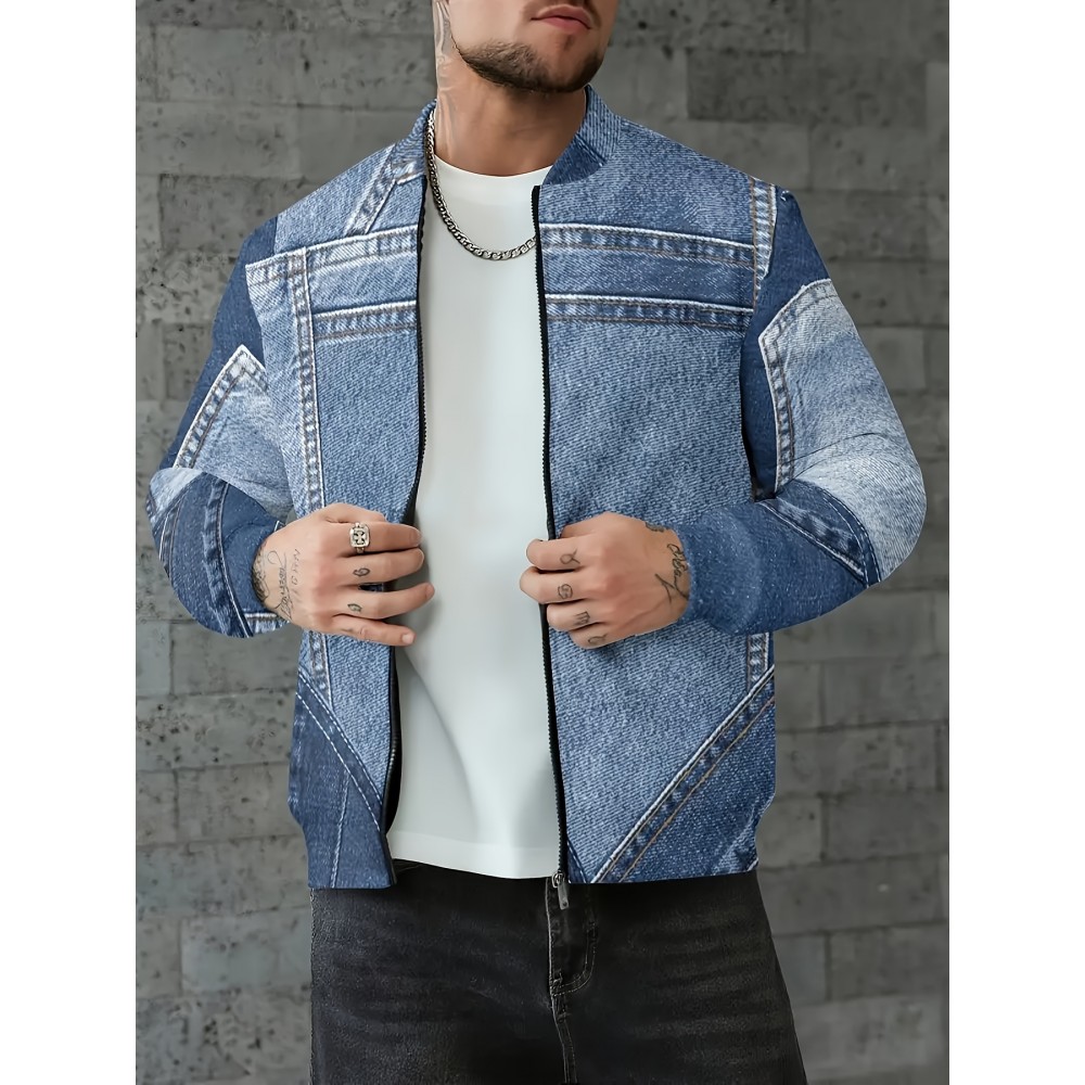 Men'S Oversized 3D Faux Denim Jacket with Full-Zip Closure, Stand Collar & Practical Pockets - Machine Washable Casual Bomber Coat for Autumn/Winter, Plus Size