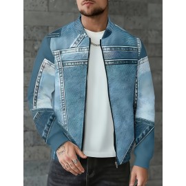 Men'S Oversized 3D Faux Denim Jacket with Full-Zip Closure, Stand Collar & Practical Pockets - Machine Washable Casual Bomber Coat for Autumn/Winter, Plus Size