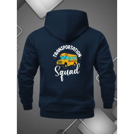 Men'S Casual Full-Zip Hooded Jacket with Transportation Squad Graphic Print, School Bus & Taxi Design, Softshell Zipper Closure, Drawstring Hood & Pockets - Urban Streetwear Outerwear for Everyday (No Lining, Regular Fit), Plus Size