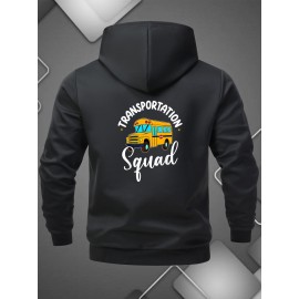 Men'S Casual Full-Zip Hooded Jacket with Transportation Squad Graphic Print, School Bus & Taxi Design, Softshell Zipper Closure, Drawstring Hood & Pockets - Urban Streetwear Outerwear for Everyday (No Lining, Regular Fit), Plus Size