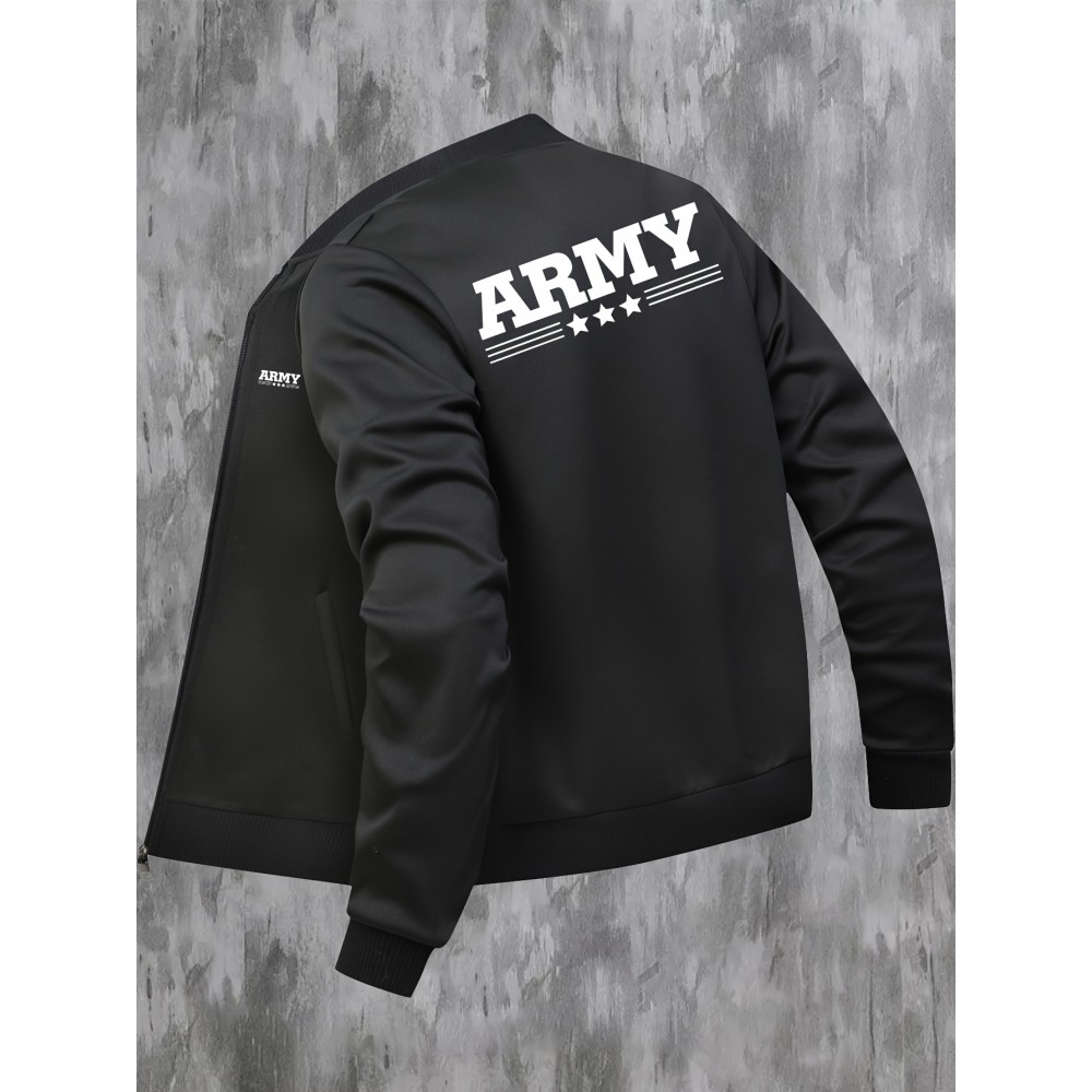 Men'S Plus Size Casual Army Print Varsity Jacket with Pockets, Baseball Collar, Zipper Closure, Knit Polyester Fabric, Slight Stretch, Regular Fit - 95% Polyester, 5% Elastane