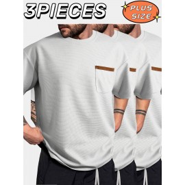 3pcs Men'S Plus Size Casual Short Sleeve T-Shirt Set, Essential Basic Tee - Breathable, Soft & Comfortable Waffle Fabric, Solid Color, Round Neck, Perfect for Casual Attire, PLUS SIZE, Men'S Set On, Men'S White Beach Set, Men'S Training Suit Set, Men'S Beach Set For Large Sizes