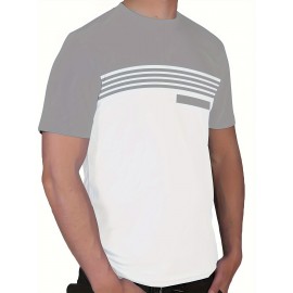 3pcs Men'S Casual Crew Neck Short Sleeve T-Shirts - Light Gray with White Horizontal Stripes, Regular Fit, Slight Stretch Fabric, Stylish Black Watch Accessories, Casual Attire|Striped Tee|Stretchy Fabric, PLUS SIZE