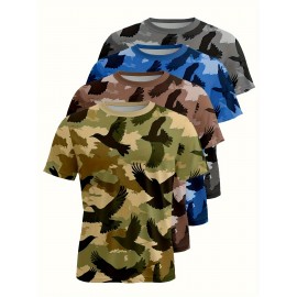 4pcs Men'S Camo Tactical T-Shirts - Breathable Polyester, Crew Neck, Short Sleeve, Casual Sports Knit Fabric, Slight Stretch, Regular Fit for Spring/Summer Outdoor Activities, PLUS SIZE