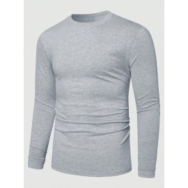 [Soft Plus Size T-Shirts] 4pcs Men's Plus Size Long Sleeve T-Shirt Set - Soft & Comfortable, 95% Polyester 5% Spandex, Solid Color, Round Neck, Casual Style, Perfect for Fall, Daily Wear