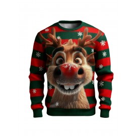 Men'S & Women'S Ugly Christmas Sweater - Reindeer & Snowflake Print Thermal Winter Pullover, Soft Ribbed Crewneck Sweatshirt with Red & Green Stripes, Plus Size