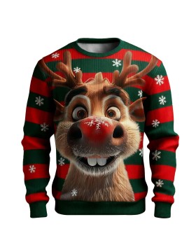 Men'S & Women'S Ugly Christmas Sweater - Reindeer & Snowflake Print Thermal Winter Pullover, Soft Ribbed Crewneck Sweatshirt with Red & Green Stripes, Plus Size