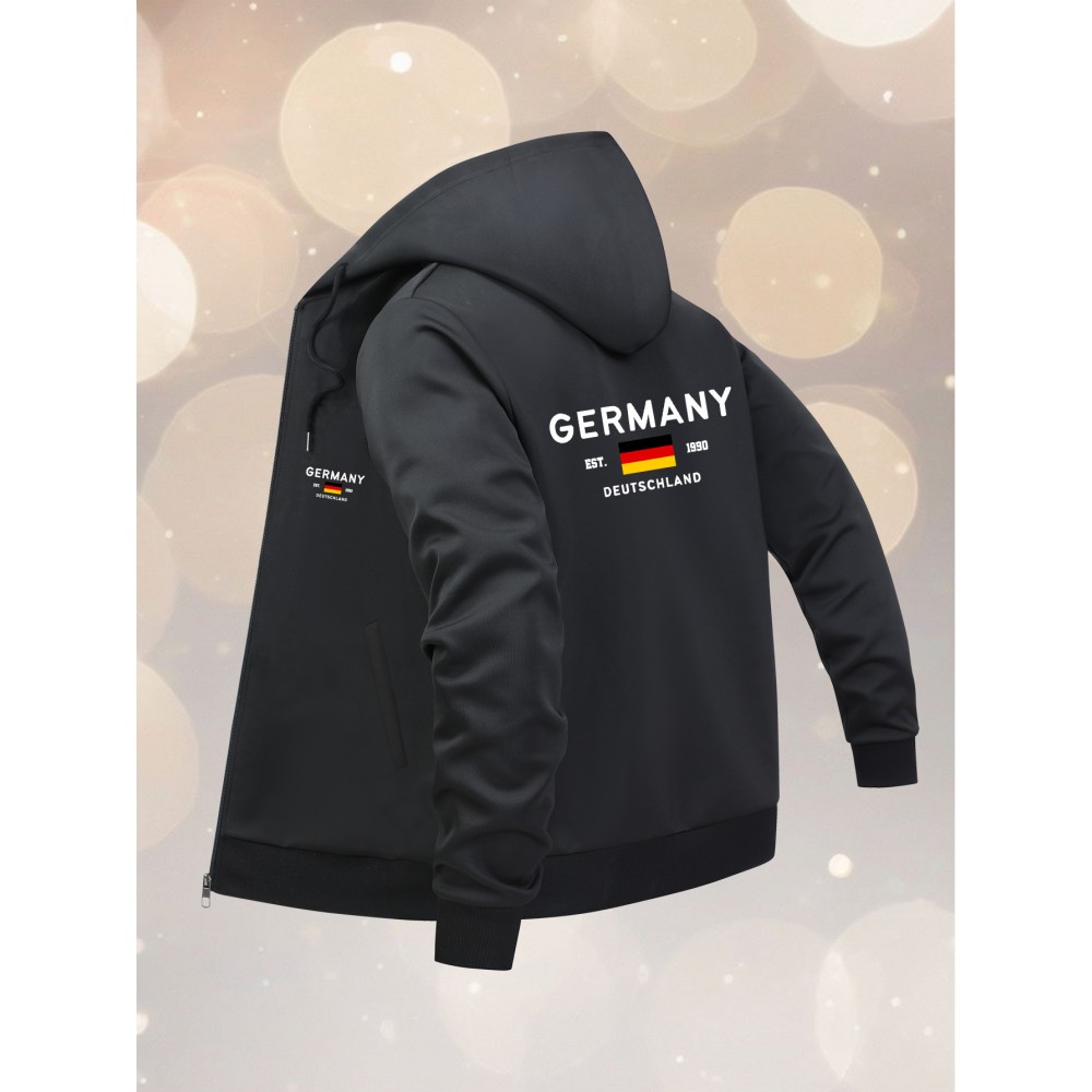 Men'S Plus Size Hooded Jacket - Navy Blue with Germany Deutschland Text, Zip-Up Front Closure, All-Season Casual Coat for Everyday & Formal Events, Lightweight Outerwear (Size Larger than Regular Fit), Versatile Layering, Modern Menswear, Durable Fabric, Stylish Coat, Urban Style, Layering Piece, Trendy Menswear, Highquality Stitching, Big And Tall Men, PLUS SIZE, Seasonal Fashion, Plus Size Men, ' Fashion Classy jacket, formal jacket men plus size talllageHeavy Jacket warmer mens