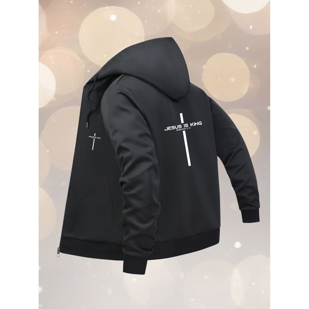 Men's Oversized Hooded Jacket with Jesus Is King Graphic Print - Navy Blue Heavyweight Polyester Coat, Full-Zip Casual Streetwear for All Seasons, Machine Washable Christian Faith Statement Apparel, PLUS SIZE